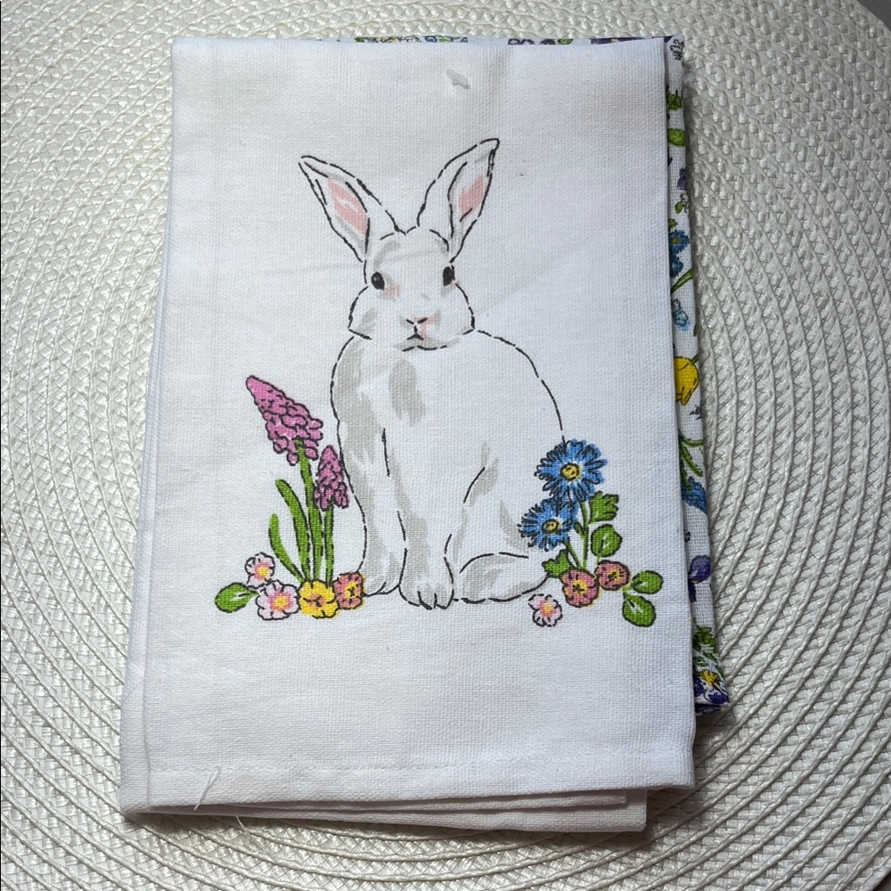 Set of 2 Tea Towels ; White with Rabbit and Floral Design & Meadow Print